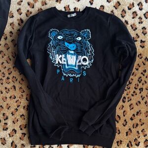 Kenzo Black Crewneck Sweater with Blue Tiger Motif
